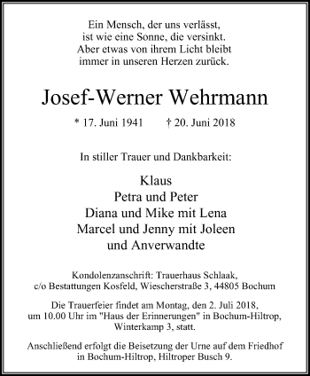 Traueranzeige von Josef-Werner Wehrmann von Stadtspiegel Bochum + Wattenscheid