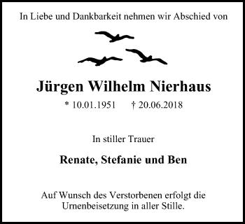 Traueranzeige von Jürgen Wilhelm Nierhaus von Wochen-Anzeiger Oberhausen