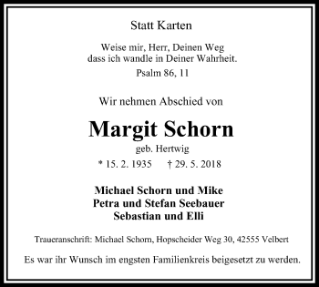 Traueranzeige von Margit Schorn von Stadtanzeiger Velbert + Heiligenhaus