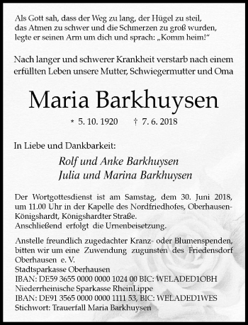 Traueranzeige von Maria Barkhuysen von Wochen-Anzeiger Oberhausen