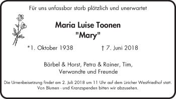 Traueranzeige von Maria Luise Toonen von Wochen-Anzeiger Oberhausen