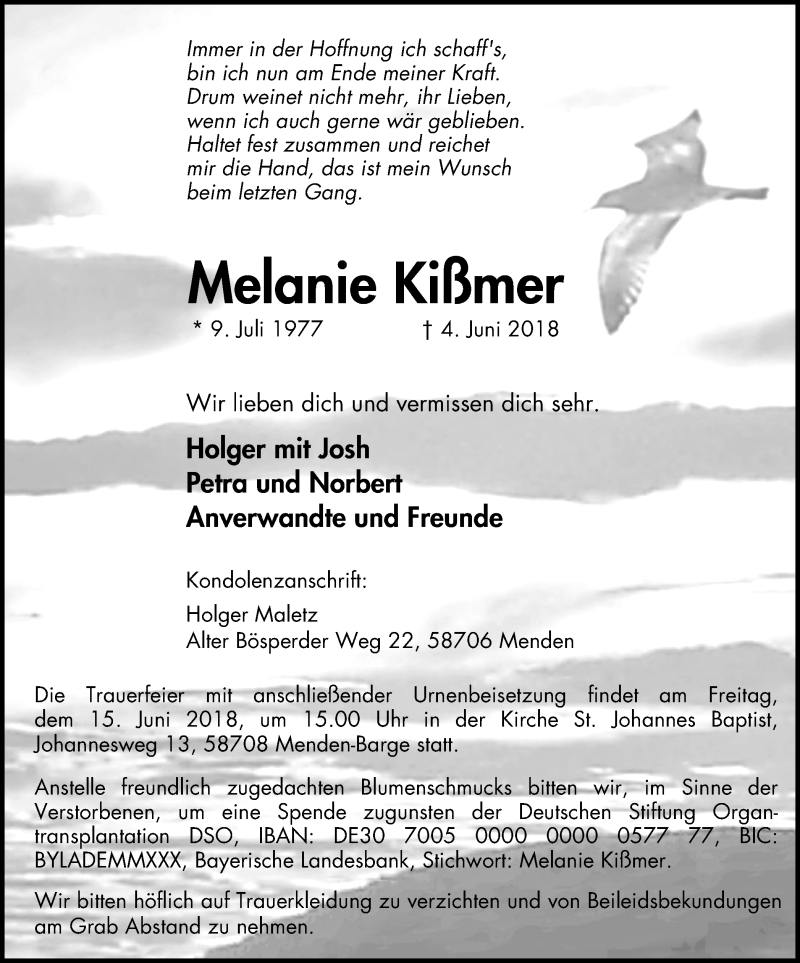  Traueranzeige für Melanie Kißmer vom 09.06.2018 aus Stadtspiegel Menden + Froendenberg
