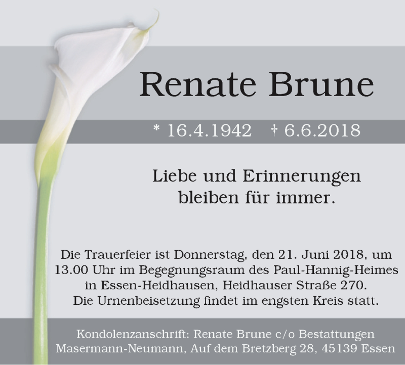  Traueranzeige für Renate Brune vom 16.06.2018 aus Werden Kurier