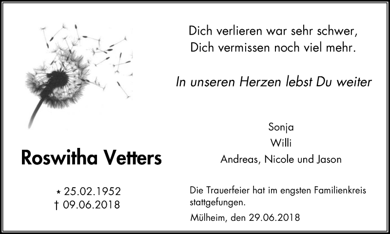  Traueranzeige für Roswitha Vetters vom 30.06.2018 aus Mülheimer Woche