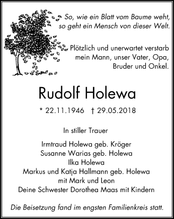 Traueranzeige von Rudolf Holewa von Stadtspiegel Menden + Froendenberg