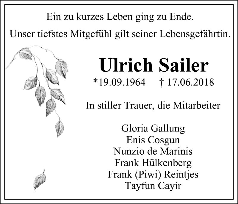  Traueranzeige für Ulrich Sailer vom 23.06.2018 aus Stadtanzeiger Emmerich/Rees/Isselburg