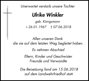 Traueranzeige von Ulrike Winkler von Wochen-Anzeiger Oberhausen
