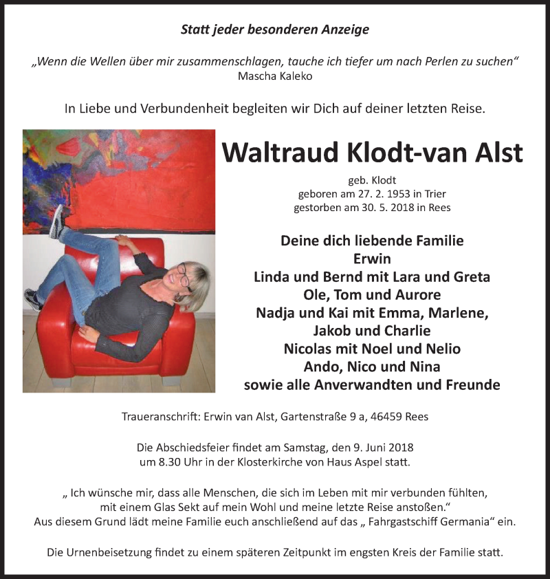  Traueranzeige für Waltraud  Klodt-van Alst vom 06.06.2018 aus Stadtanzeiger Emmerich/Rees/Isselburg