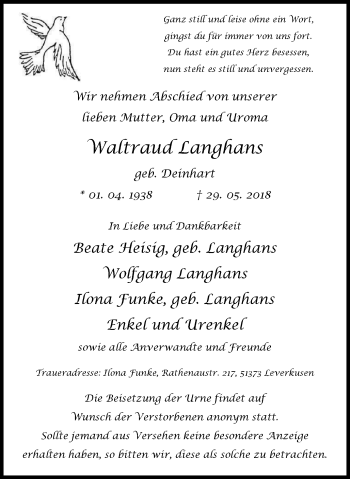 Traueranzeige von Waltraud Langhans von Wochen-Anzeiger Langenfeld/Monheim/Hilden