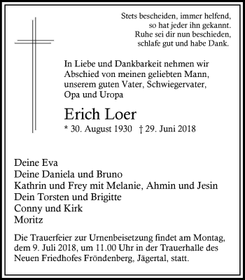 Traueranzeige von Erich Loer von Stadtspiegel Menden + Froendenberg