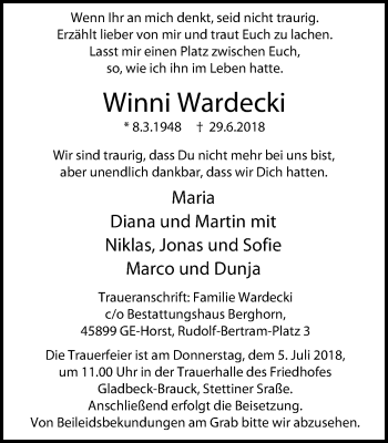 Traueranzeige von Winni Wardecki von Stadtspiegel Gladbeck