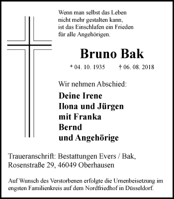 Traueranzeige von Bruno Bak von Wochen-Anzeiger Oberhausen