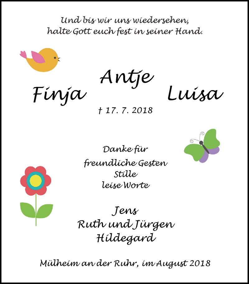  Traueranzeige für Finja Antje Luisa  vom 25.08.2018 aus Mülheimer Woche