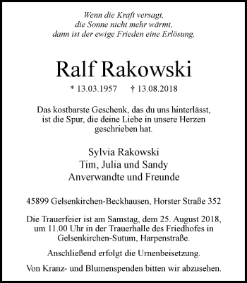Traueranzeige von Ralf Rakowski von Stadtspiegel Gelsenkirchen