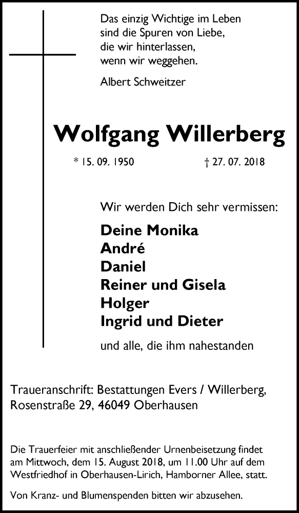  Traueranzeige für Wolfgang Willerberg vom 08.08.2018 aus Wochen-Anzeiger Oberhausen