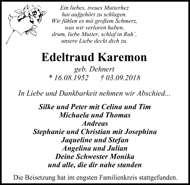  Traueranzeige für Edeltraud Karemon vom 12.09.2018 aus Wochenblatt Herne/Wanne-Eickel
