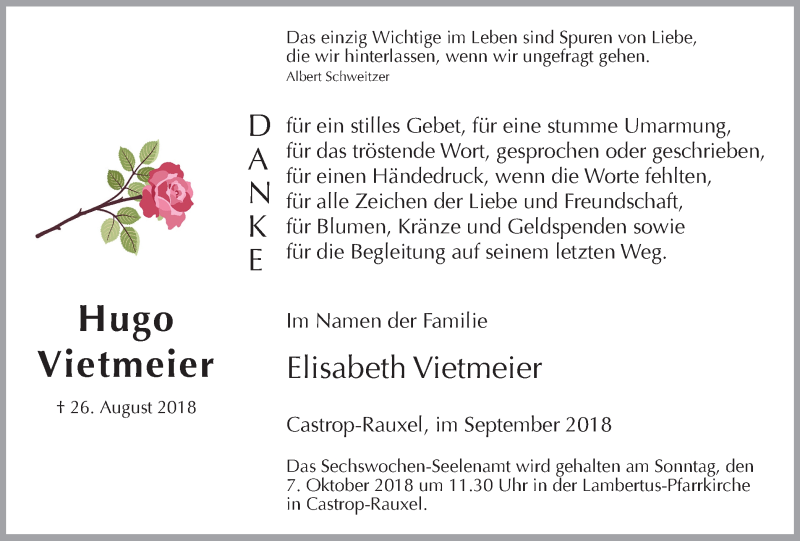  Traueranzeige für Hugo Vietmeier vom 22.09.2018 aus Stadtanz.Castrop-Rauxel