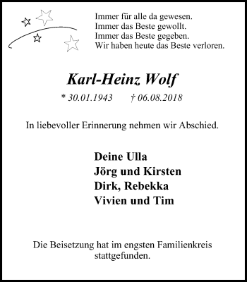 Traueranzeige von Karl-Heinz Wolf von Wochen-Anzeiger Oberhausen