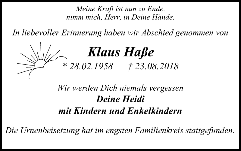  Traueranzeige für Klaus Haße vom 15.09.2018 aus Wochen-Anzeiger Oberhausen