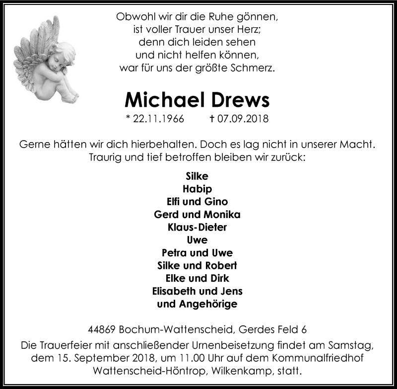  Traueranzeige für Michael Drews vom 12.09.2018 aus Stadtspiegel Wattenscheid