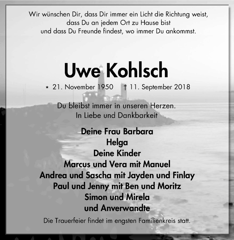  Traueranzeige für Uwe Kohlsch vom 15.09.2018 aus Stadtanzeiger Velbert + Heiligenhaus