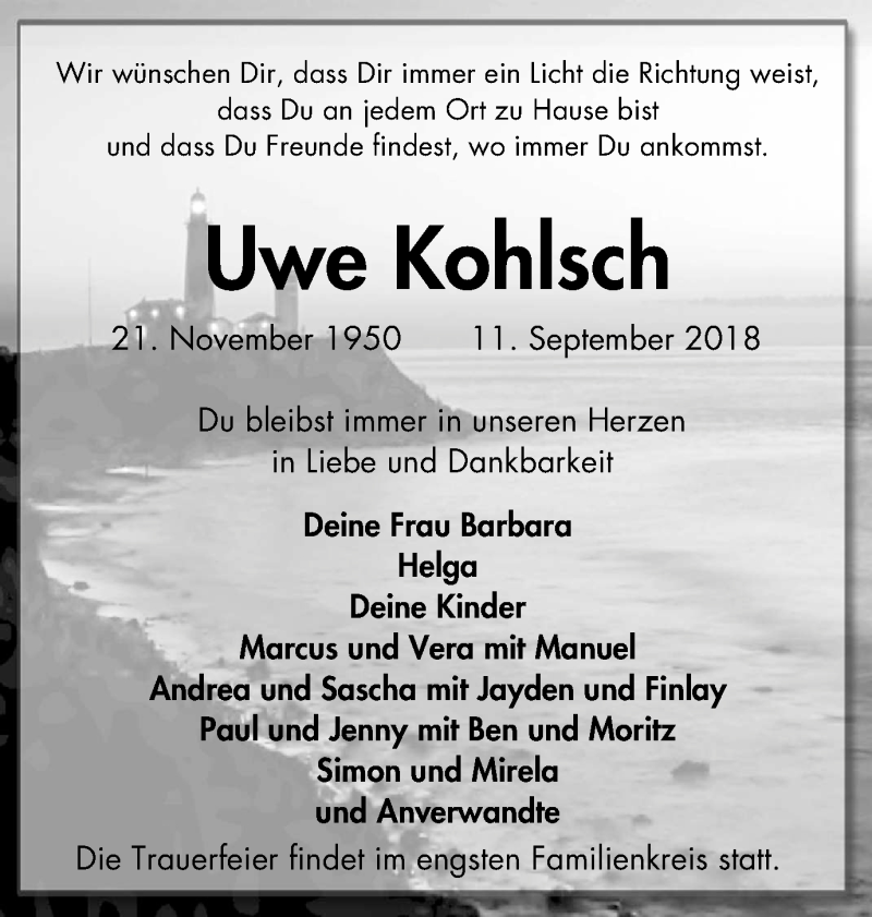  Traueranzeige für Uwe Kohlsch vom 15.09.2018 aus Mülheimer Woche