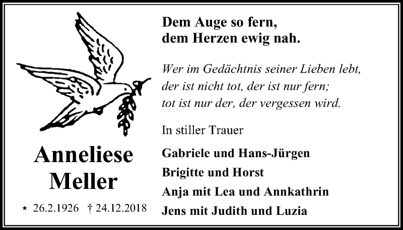  Traueranzeige für Anneliese Meller vom 19.01.2019 aus Wochenblatt Herne/Wanne-Eickel