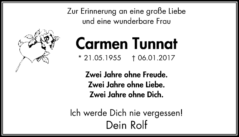  Traueranzeige für Carmen Tunnat vom 09.01.2019 aus Stadtspiegel Bochum