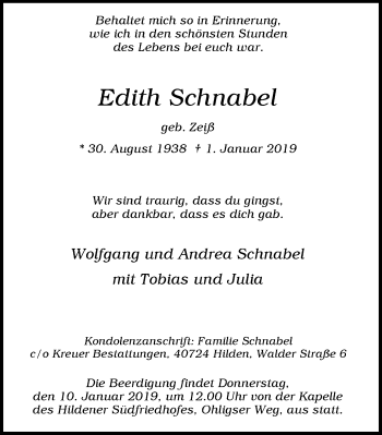 Traueranzeige von Edith Schnabel von Wochen-Anzeiger Langenfeld/Monheim/Hilden
