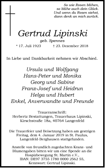 Traueranzeige von Gertrud Lipinski von Wochen-Anzeiger Langenfeld/Monheim/Hilden