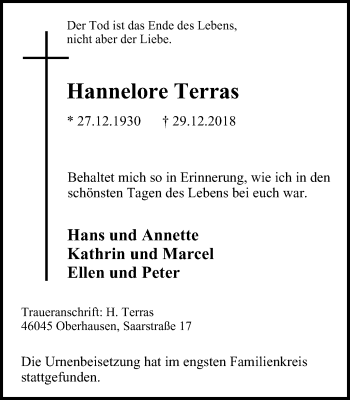 Traueranzeige von Hannelore Terras von Wochen-Anzeiger Oberhausen