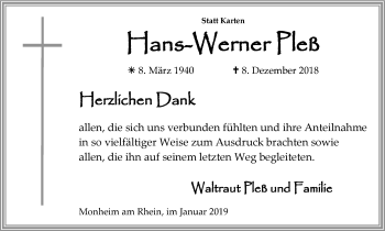 Traueranzeige von Hans-Werner Pleß von Wochen-Anzeiger Langenfeld/Monheim/Hilden