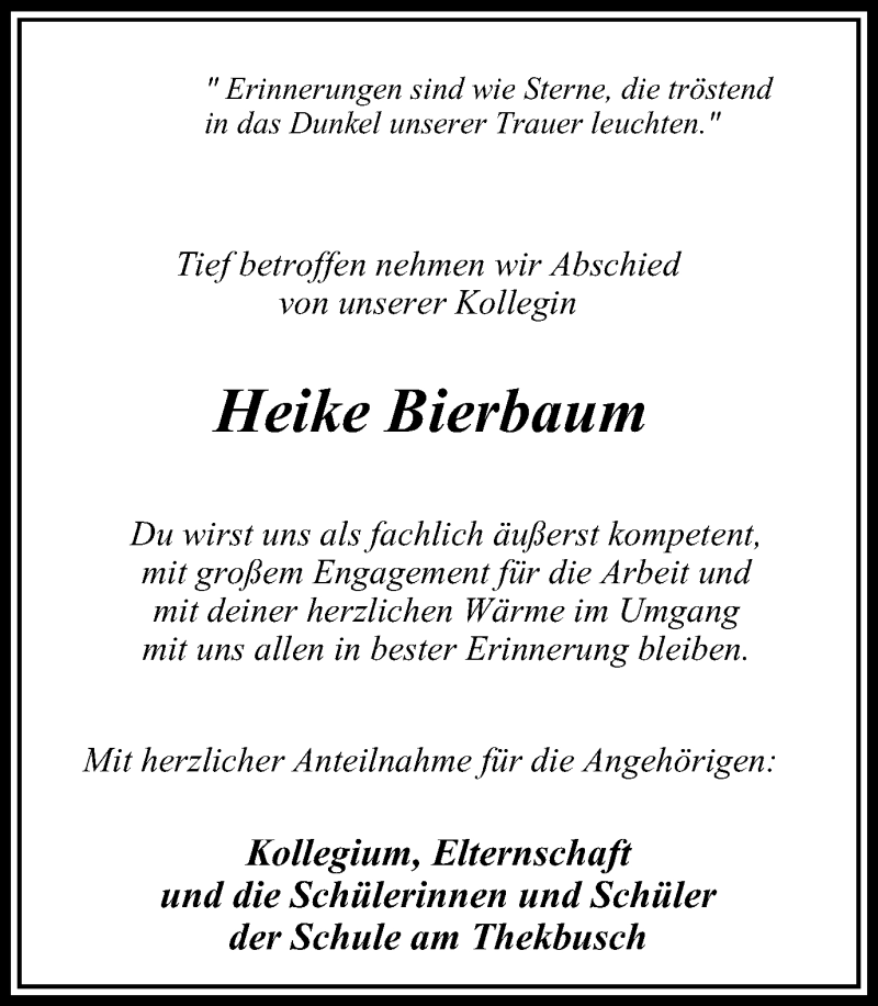  Traueranzeige für Heike Bierbaum vom 12.01.2019 aus Stadtanzeiger Velbert + Heiligenhaus