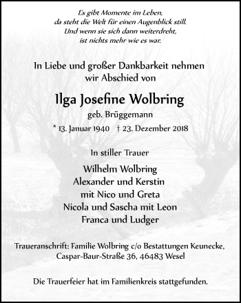Traueranzeige von Ilga Josefine Wolbring von Der Weseler + Der Xantener