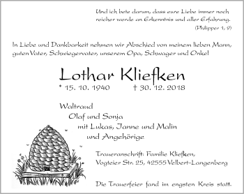 Traueranzeige von Lothar Kliefken von Stadtanzeiger Velbert + Heiligenhaus