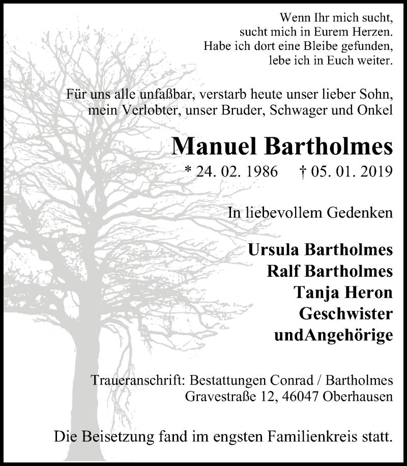  Traueranzeige für Manuel Bartholmes vom 26.01.2019 aus Wochen-Anzeiger Oberhausen
