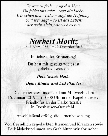 Traueranzeige von Norbert Moritz von Wochen-Anzeiger Oberhausen