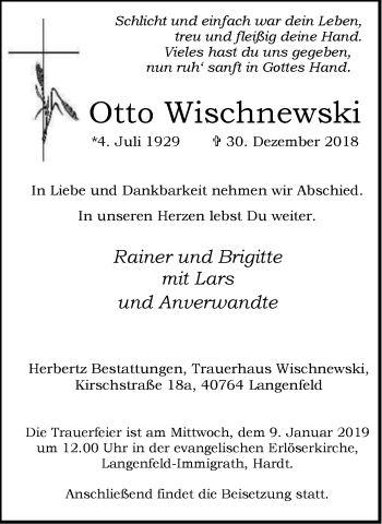 Traueranzeige von Otto Wischnewski von Wochen-Anzeiger Langenfeld/Monheim/Hilden