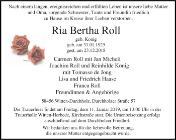 Traueranzeige von Ria Bertha Roll von Witten aktuell