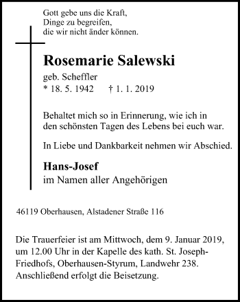 Traueranzeige von Rosemarie Salewski von Wochen-Anzeiger Oberhausen