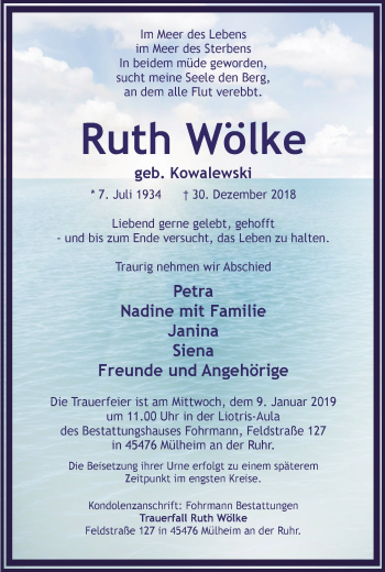 Traueranzeige von Ruth Wölke von Mülheimer Woche