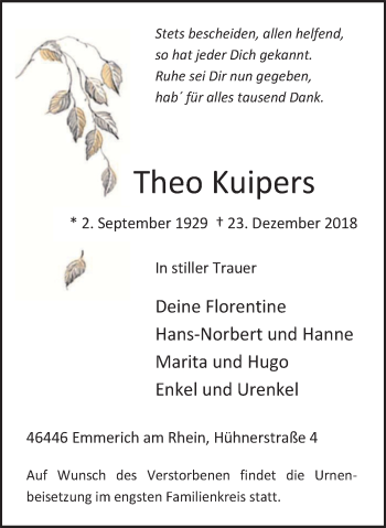 Traueranzeige von Theo Kuipers von Stadtanzeiger Emmerich/Rees/Isselburg
