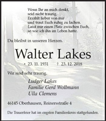 Traueranzeige von Walter Lakes von Wochen-Anzeiger Oberhausen