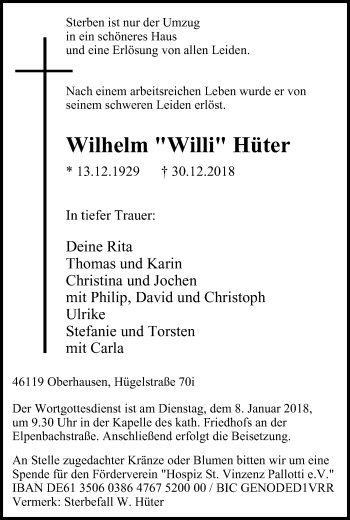 Traueranzeige von Wilhelm Willi Hüter von Wochen-Anzeiger Oberhausen