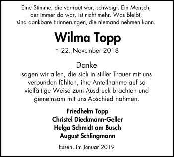 Traueranzeige von Wilma Topp von Borbeck Kurier