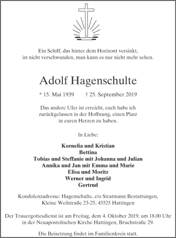 Traueranzeige von Adolf Hagenschulte von WVW/ORA