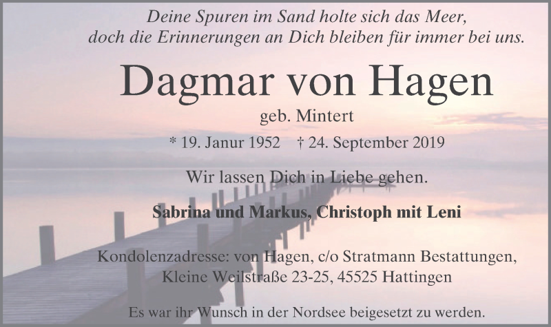  Traueranzeige für Dagmar von Hagen vom 26.10.2019 aus Stadtspiegel Hattingen/Niedersprockhövel