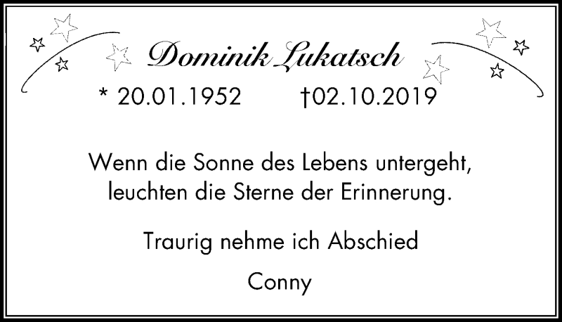  Traueranzeige für Dominik Lukatsch vom 09.10.2019 aus Stadtanz.Castrop-Rauxel