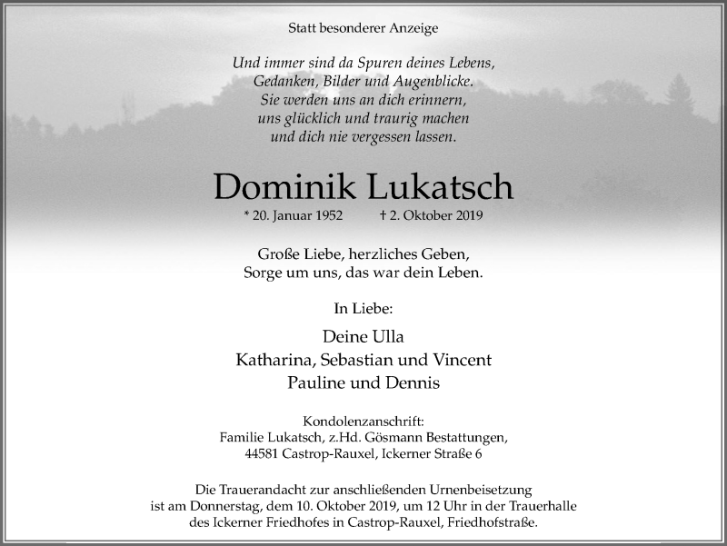  Traueranzeige für Dominik Lukatsch vom 09.10.2019 aus Stadtanz.Castrop-Rauxel