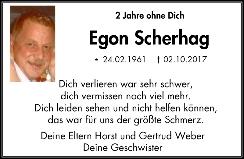  Traueranzeige für Egon Scherhag vom 02.10.2019 aus WVW Anzeigenblätter